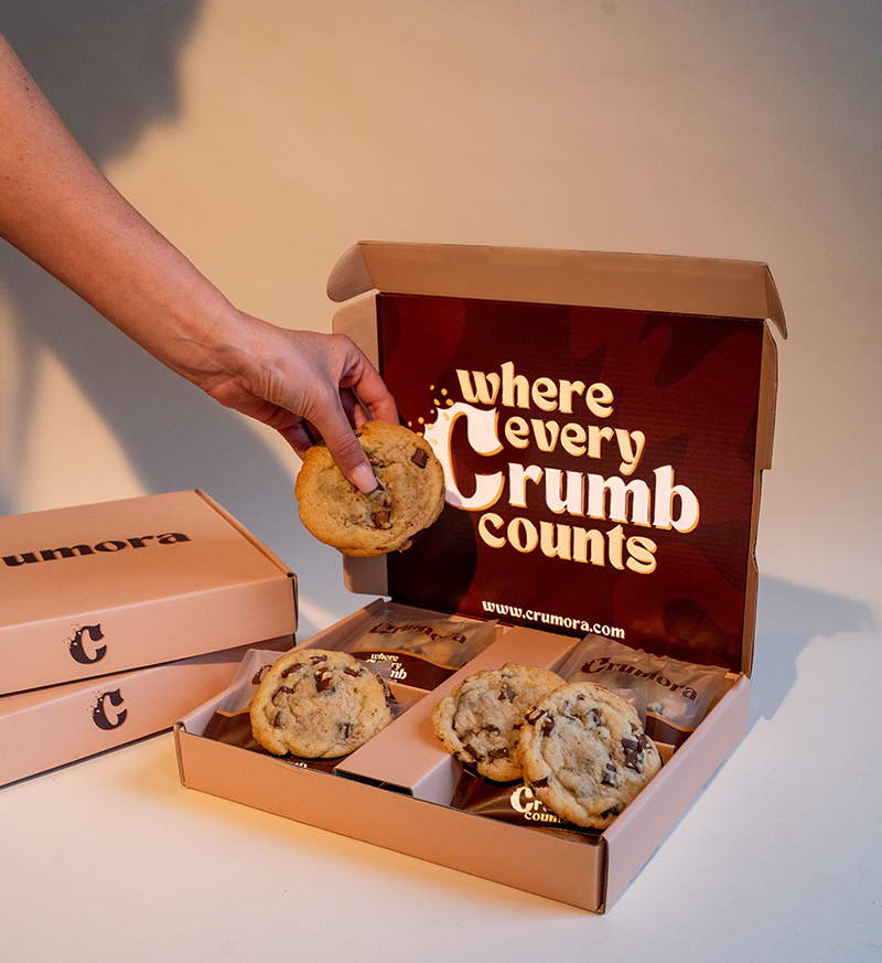 Crumora Chocolate Chip Cookie Box – freshly baked luxury cookies with Belgian chocolate, delivered UK-wide.