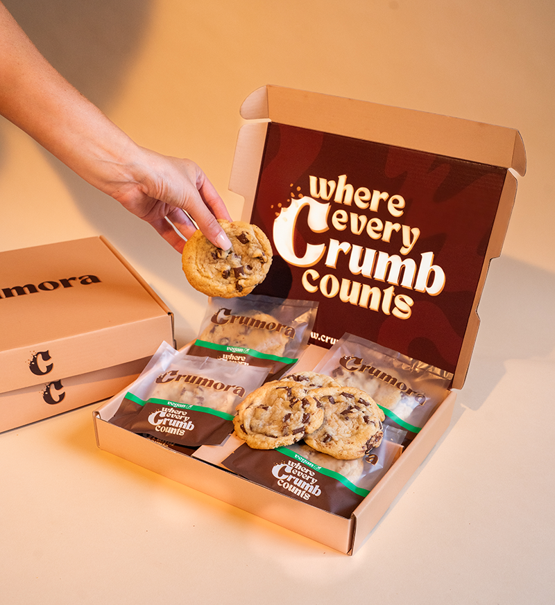 Crumora Vegan Chocolate Chip Cookies – dairy-free, egg-free, plant-based cookies with Belgian chocolate, delivered UK-wide.
