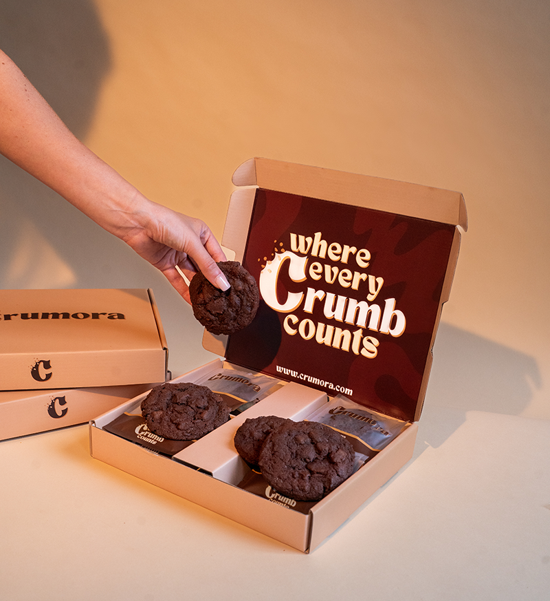Crumora Fudge Cookie Box – indulgent cookies with rich fudge chunks, freshly baked and delivered across the UK.